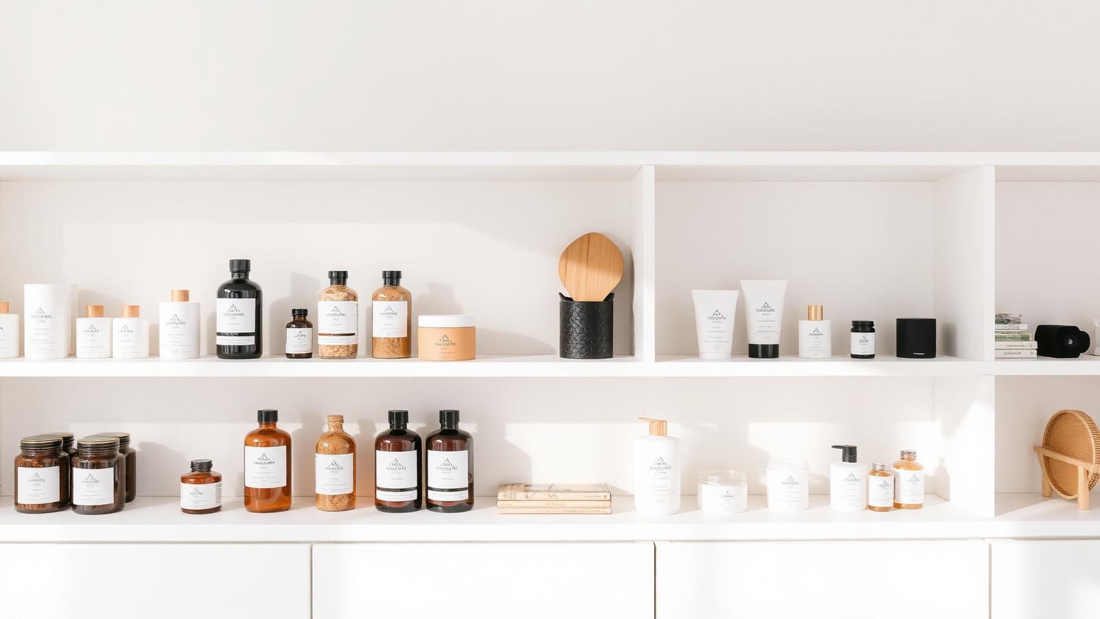 Premium consumer brands displayed on minimal white shelving