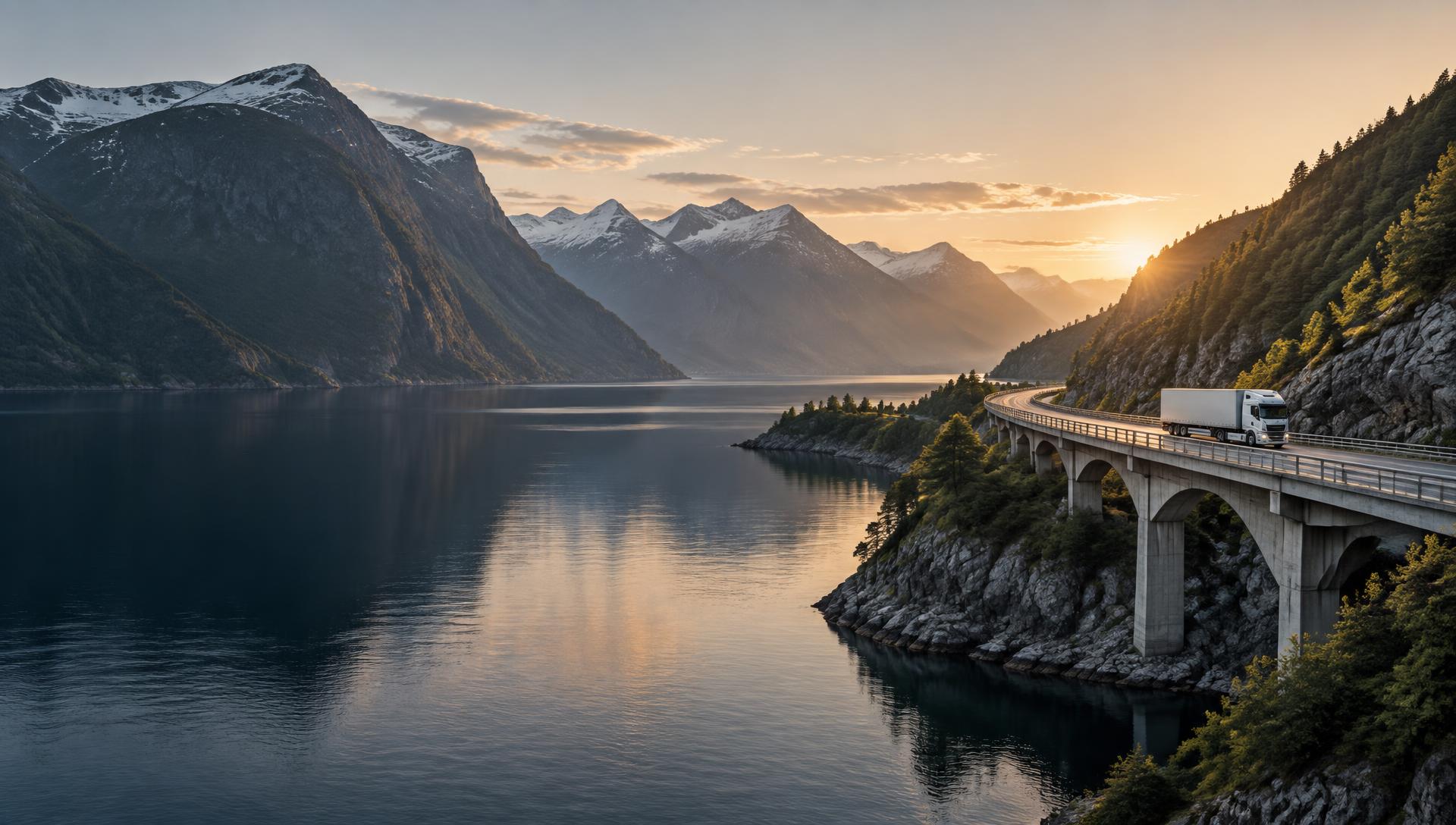 White distribution truck crossing a bridge beside a Nordic fjord at sunrise