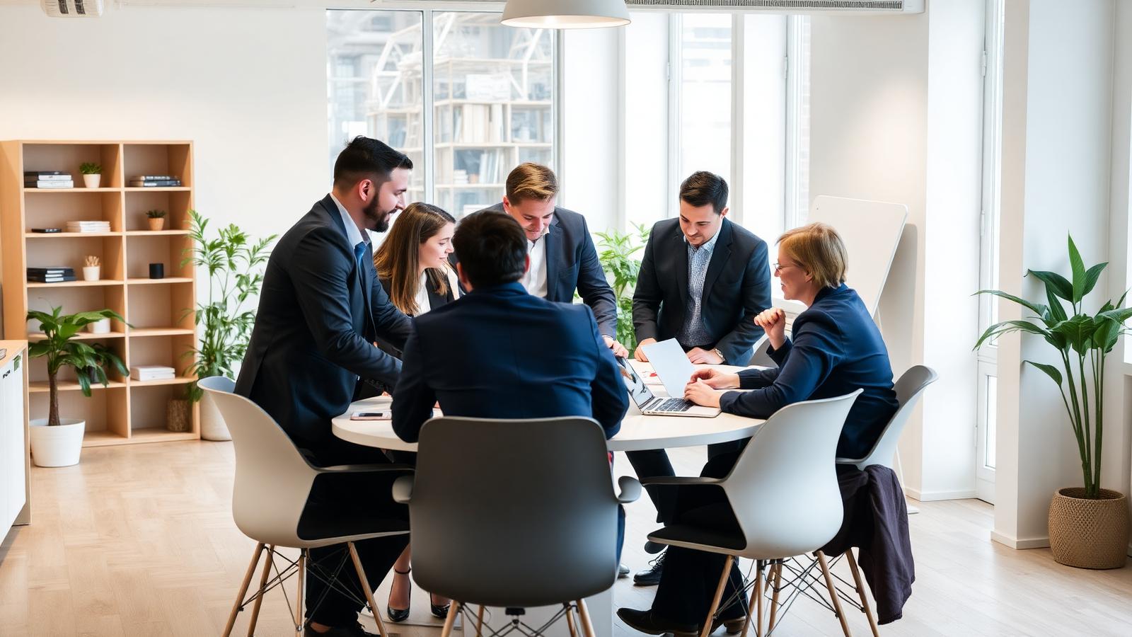 Colleagues in a bright Scandinavian office during a team meeting