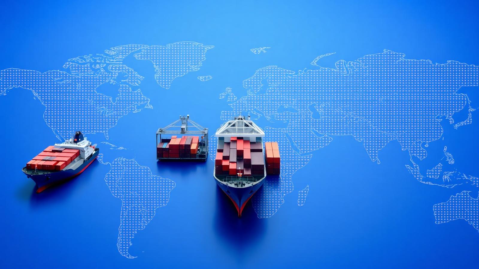 World trade map with cargo vessels on international shipping routes